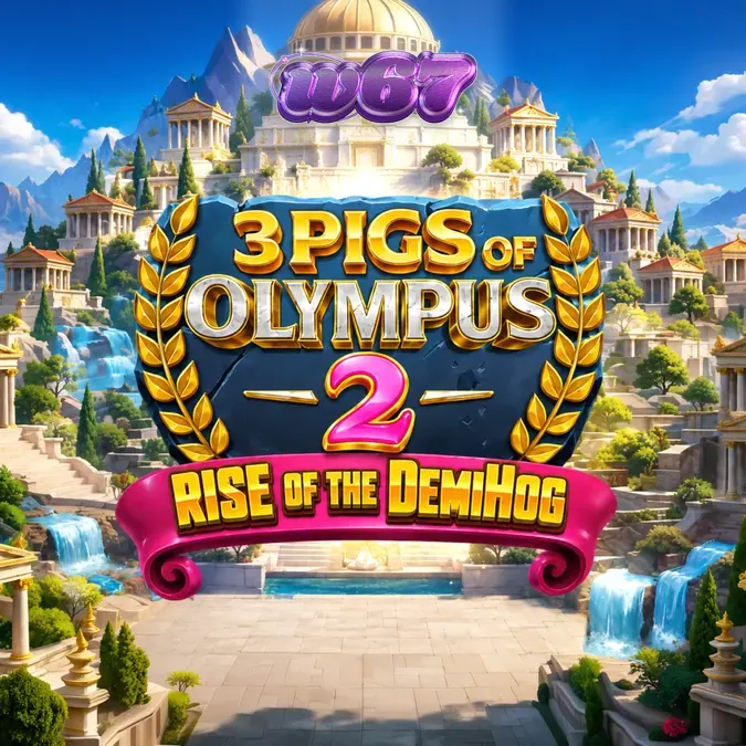 Tampilan visual slot 3 Pigs of Olympus 2 dengan nuansa mitologi Yunani dan karakter babi ilahi.